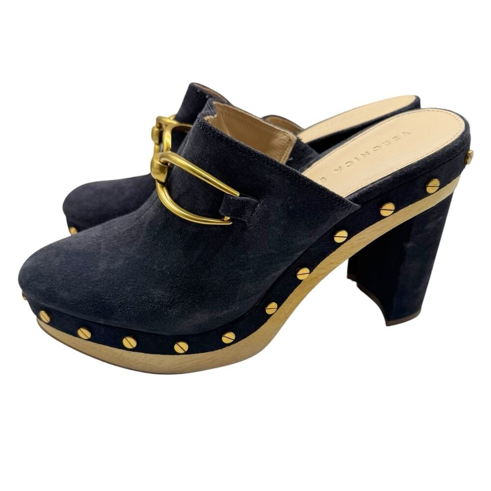 Veronica Beard GilesClog Heels Navy Blue Horsebit Suede Leather Size 7 - Picture 2 of 10